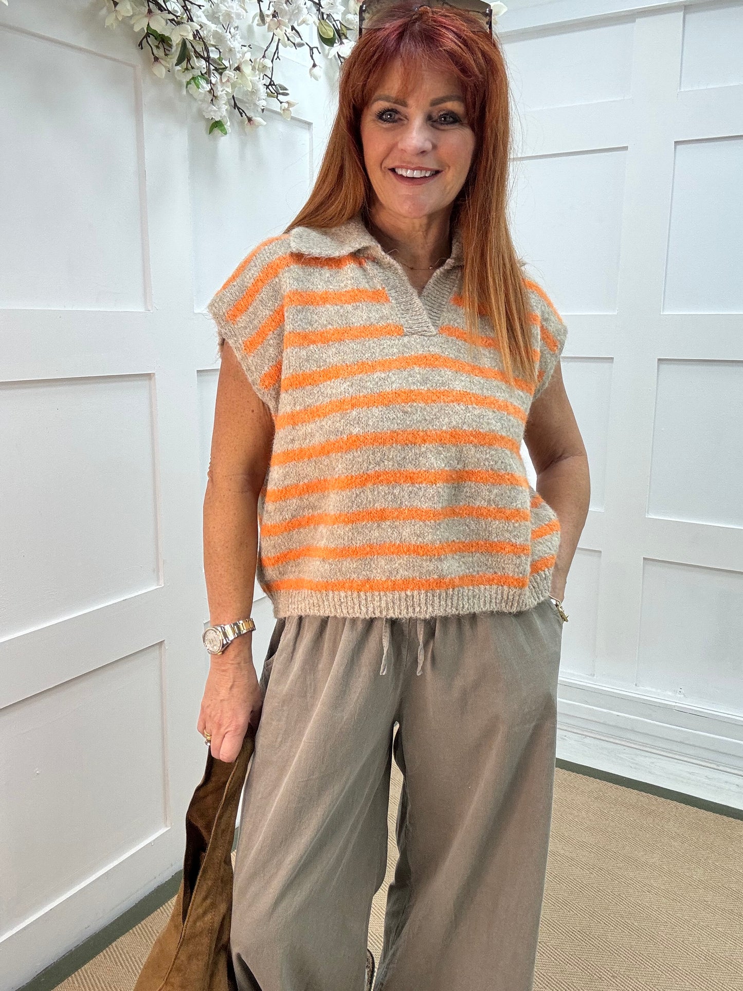Talisa: Orange & beige stripe sleeveless top. One size 12-18