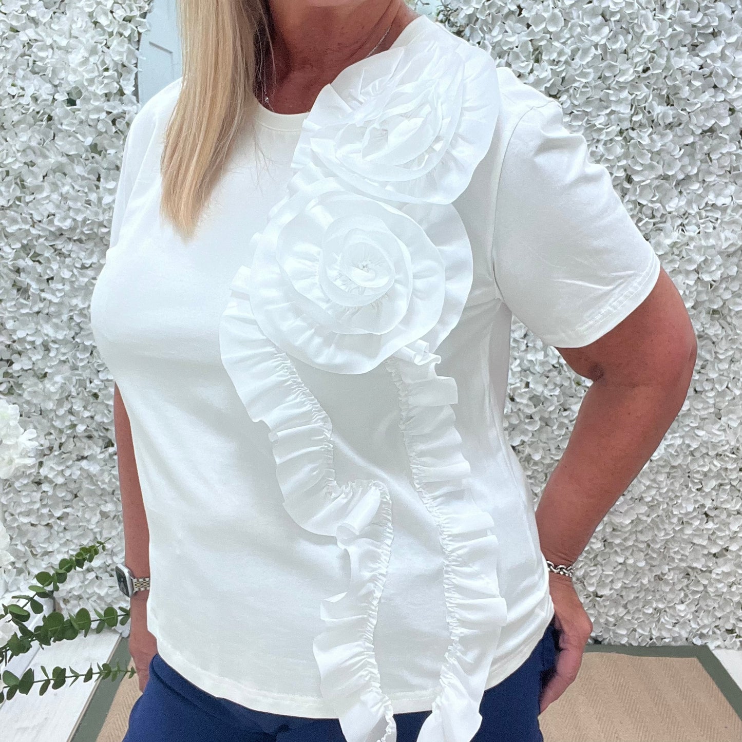 Amalia: White huge ruffle flower top. One size: 14-18