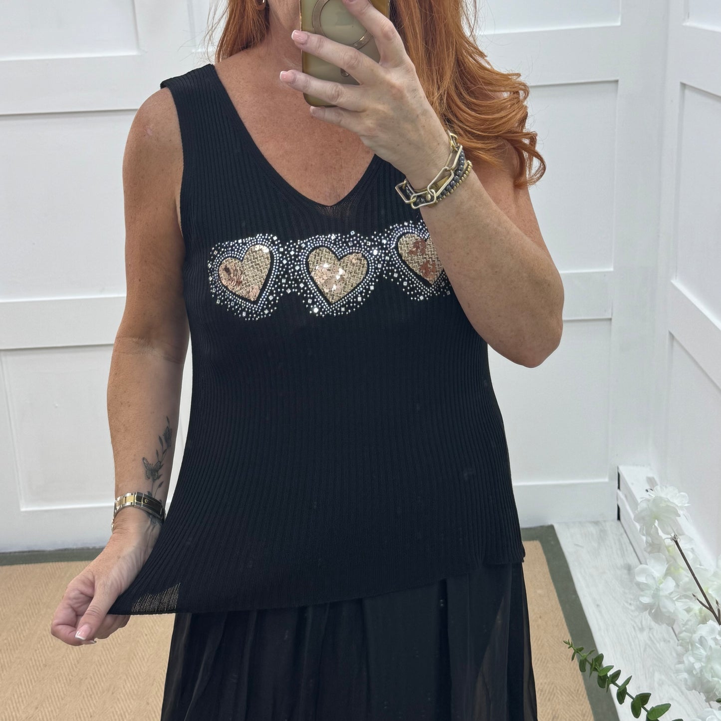 Viola: Black sequin heart stretchy vest top. One size: 12-18