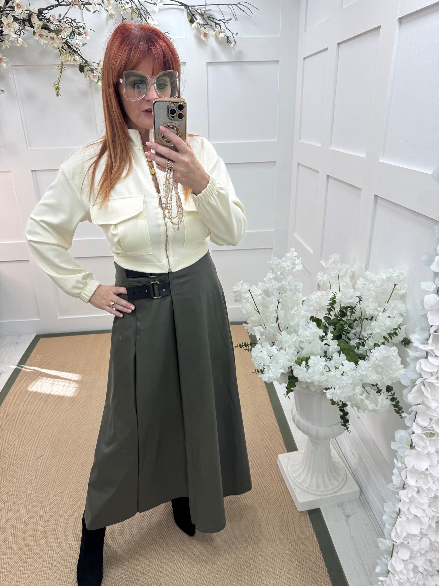 Raine: Khaki faux leather belted asymmetric skirt. One size: 12-16