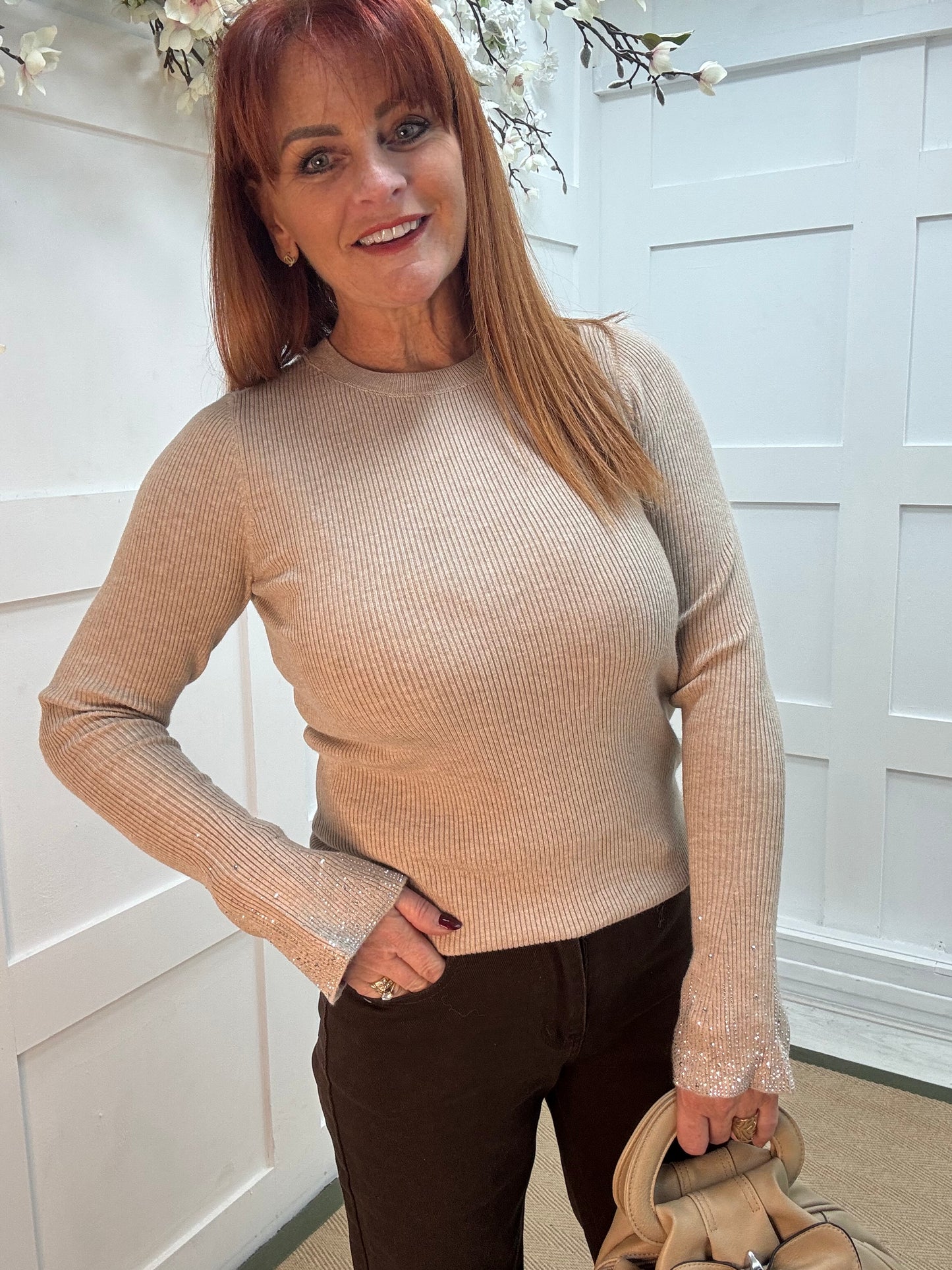 Skylar: Sand ribbed diamanté cuff long sleeve top. Two sizes.