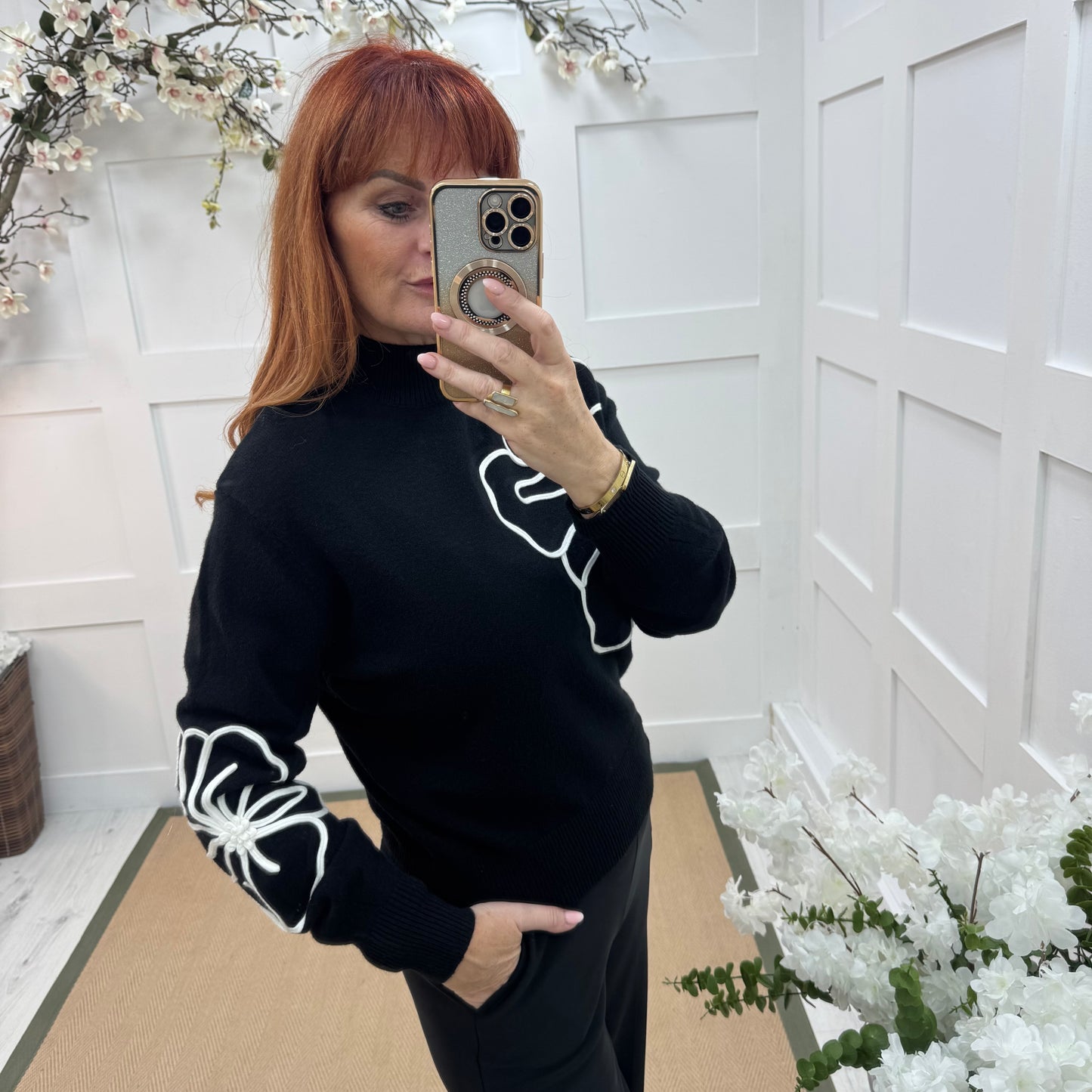 Danni: Black embroidered big flower top. One Size 12-18