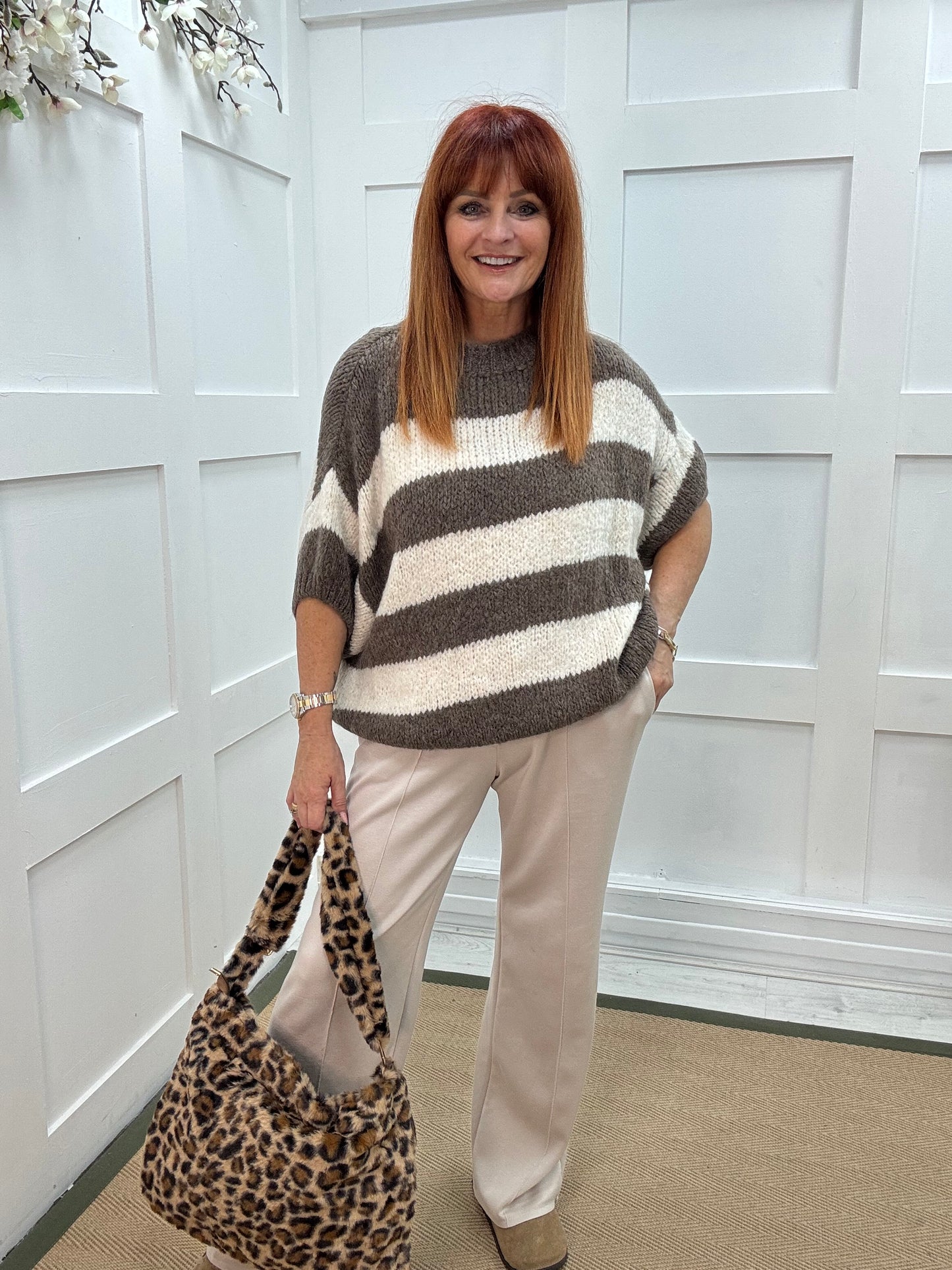 Mabel: Mocha & cream slouchy jumper. One size 12-18/20