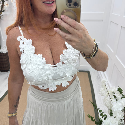 Lacey: White applique crop bralette. One size 8-14