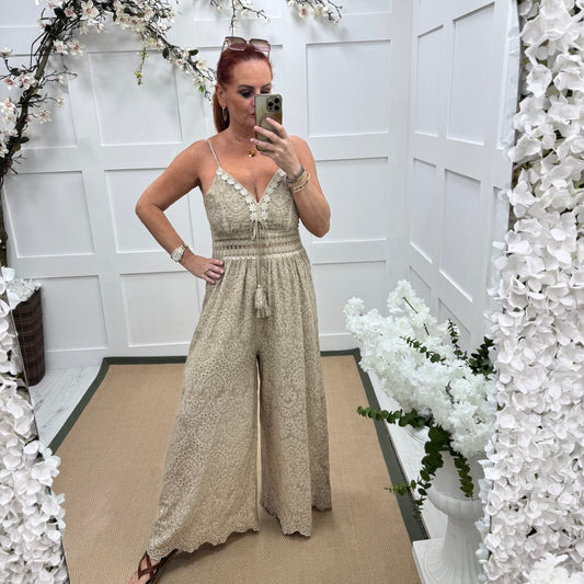 Bria: Stone broderie Anglaise strappy jumpsuit. One size: 10-14