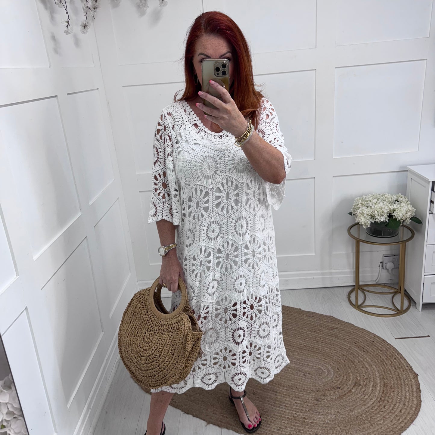 Alison: Long white crochet knit dress. One size: 12-20