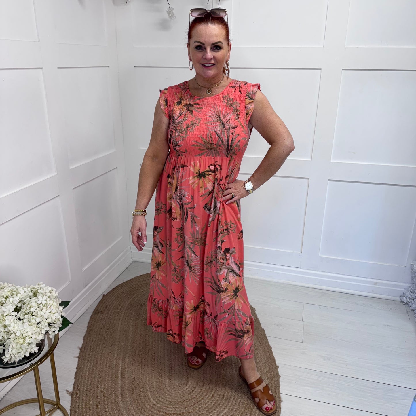 Sophia: Coral tropical print midi dress. One size 8-16/18