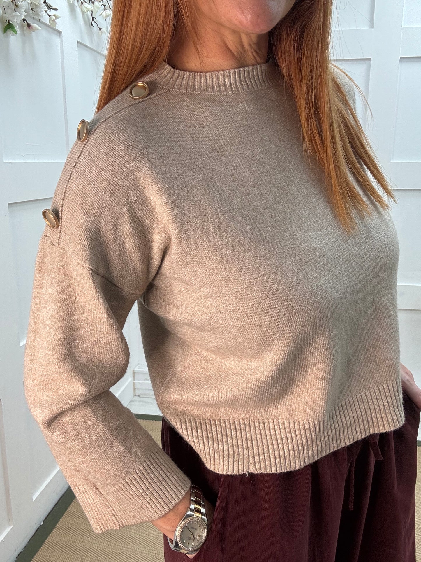 Lorna: Oatmeal gold button knitted top. One Sz: 10-16