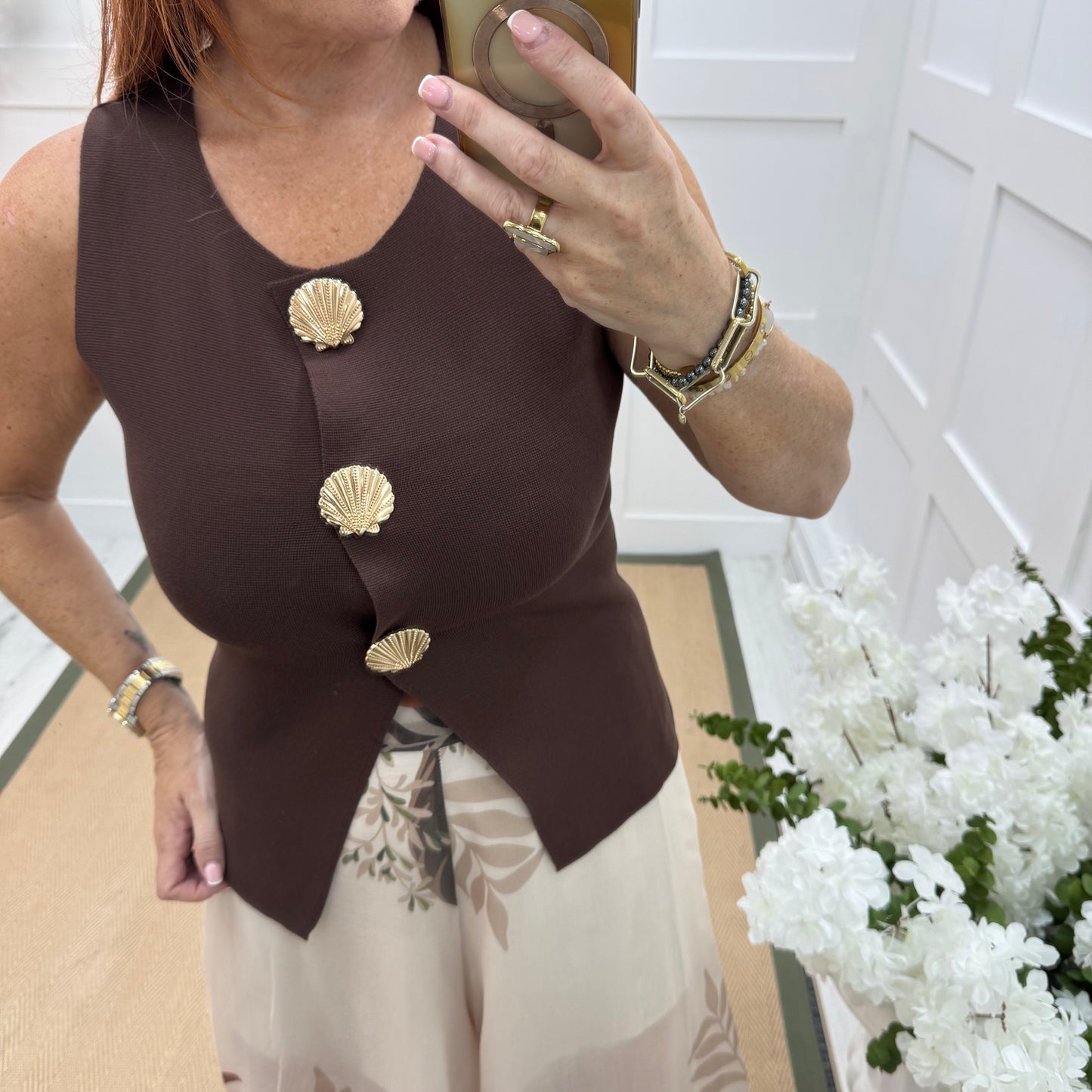 Laura: Brown fine knit gold shell waistcoat. 2 sizes