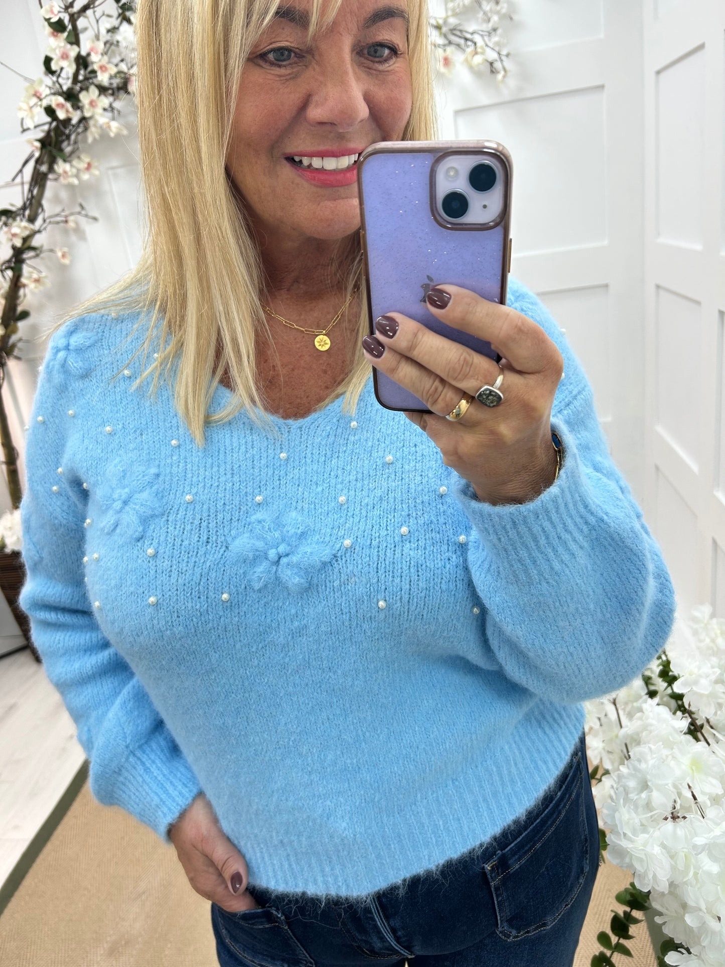 Selina: Blue batwing knitted top. One size: 12-18/20