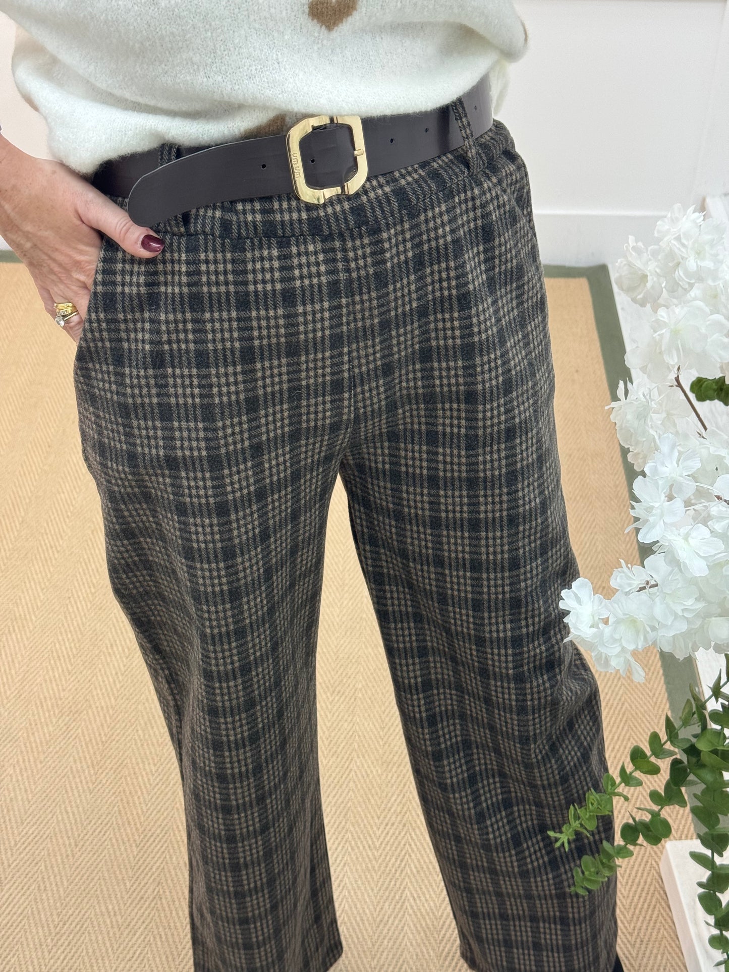 Sofia: Black and cream check trousers. One size 10-14