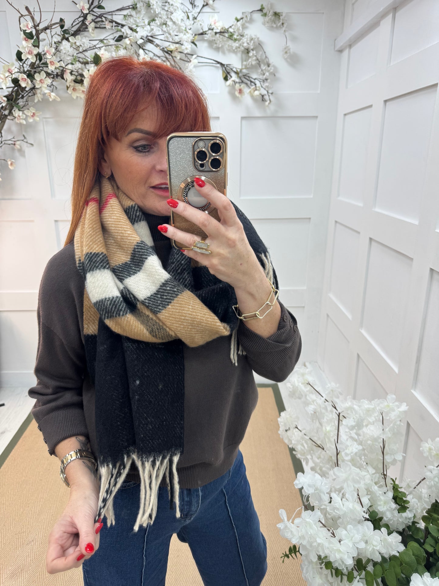 Britt: Sand check designer inspired cashmere blend scarf