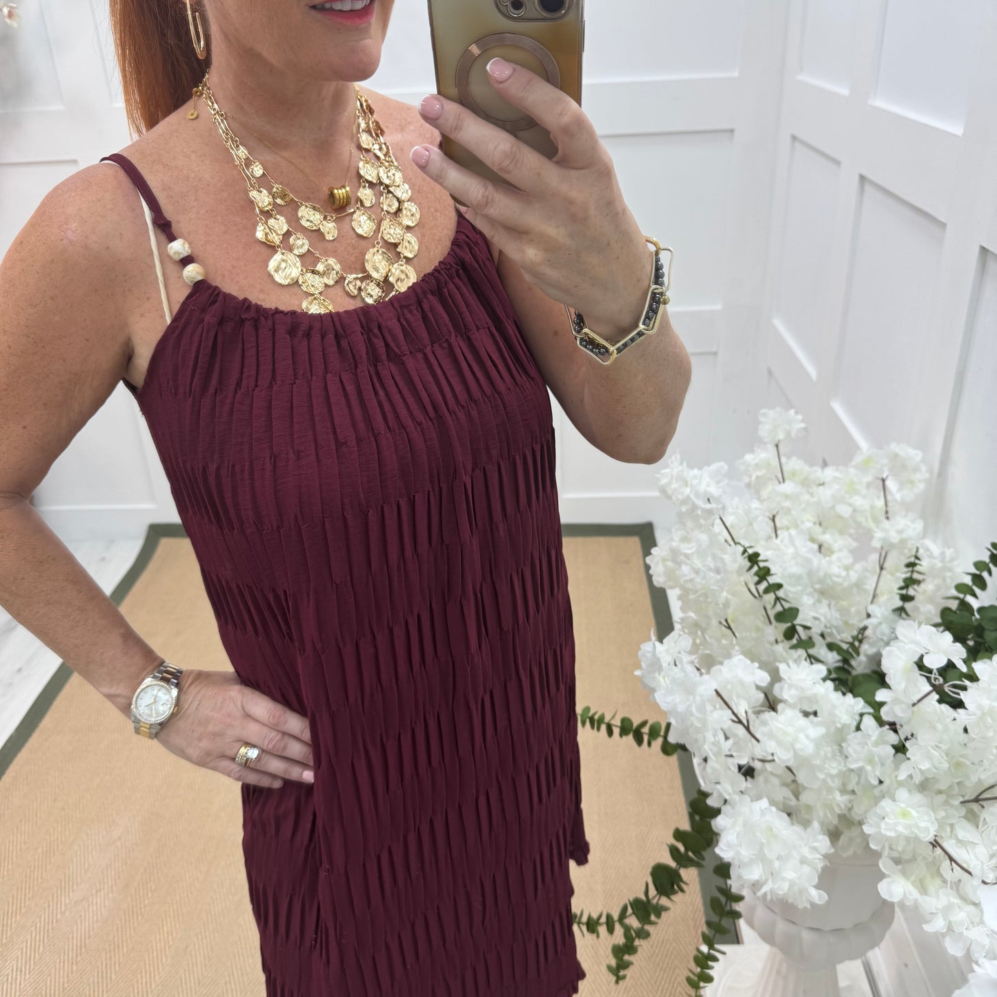 Thea: Burgundy waffle beaded strappy dress. One size 14-20