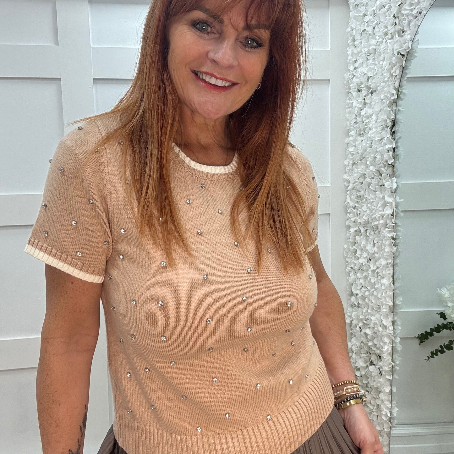 Noelle: Sand stretchy knit rhinestone top. 2 sizes