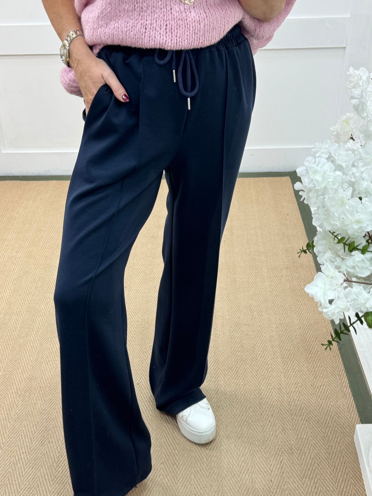 Trudy (Short): Navy stretchy wide leg pocket trousers. One size 10-16