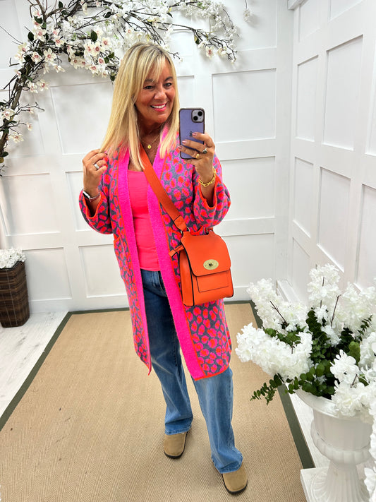 Scarlet: Pink & blue leopard print knit cardigan. One size 10-18