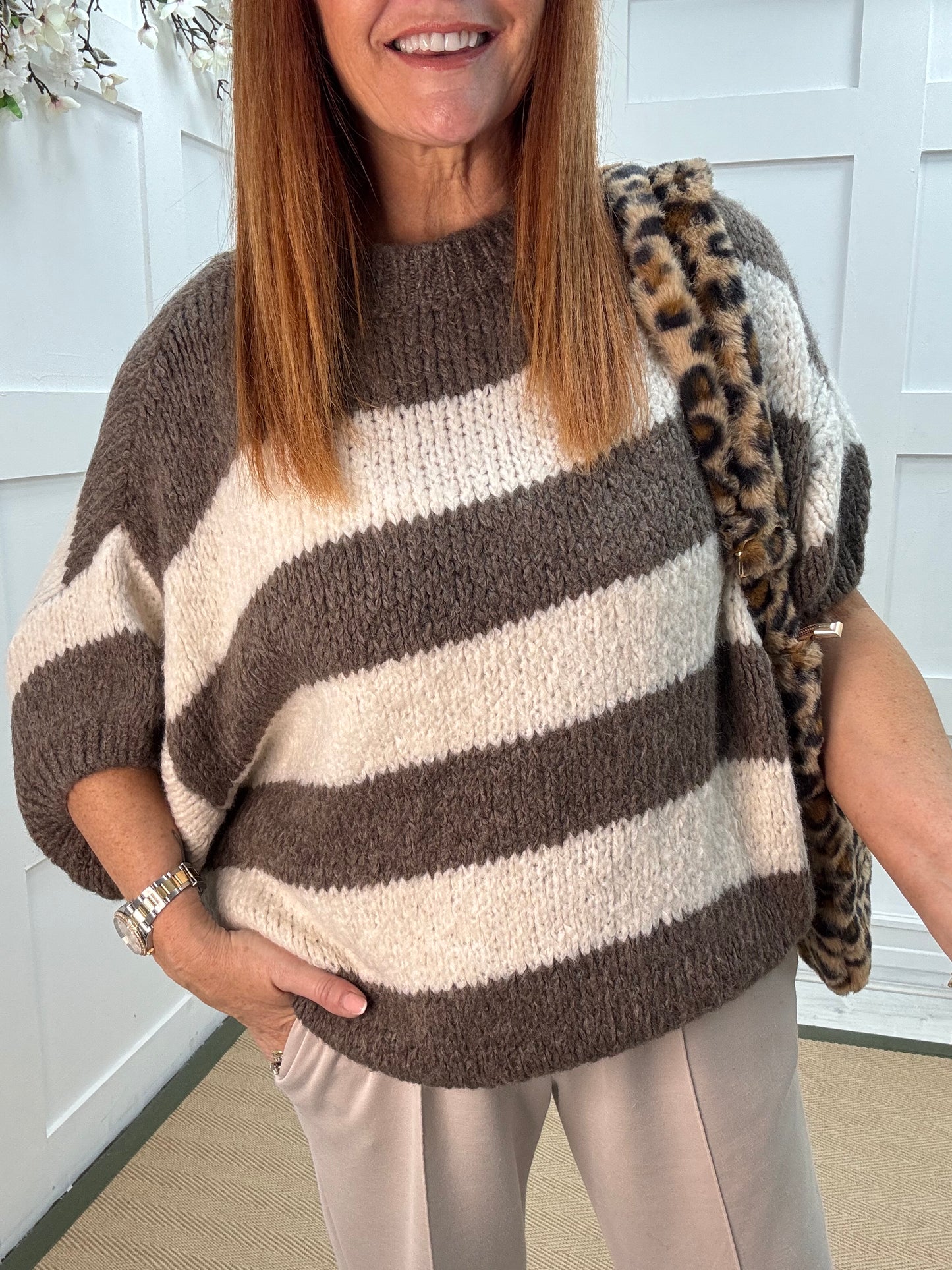 Mabel: Mocha & cream slouchy jumper. One size 12-18/20