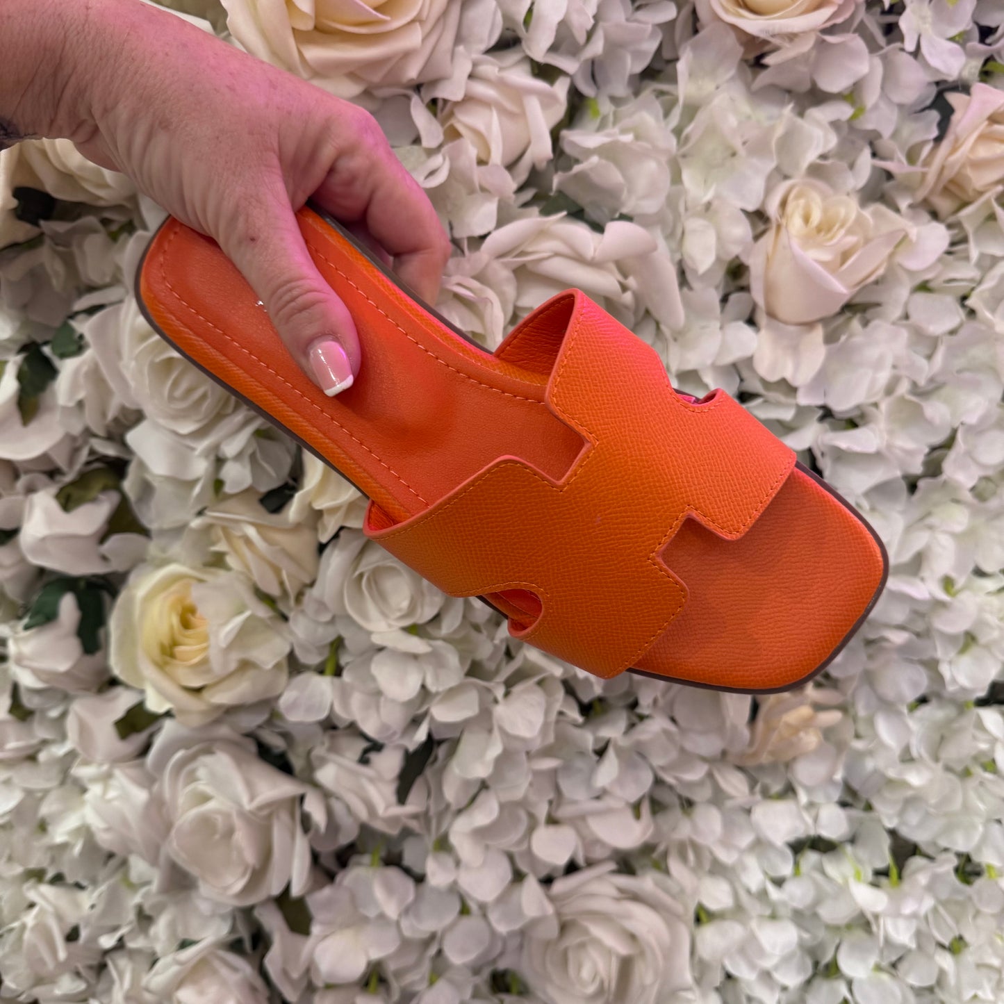 Heidi: Orange H style sliders. Sizes: 3-8