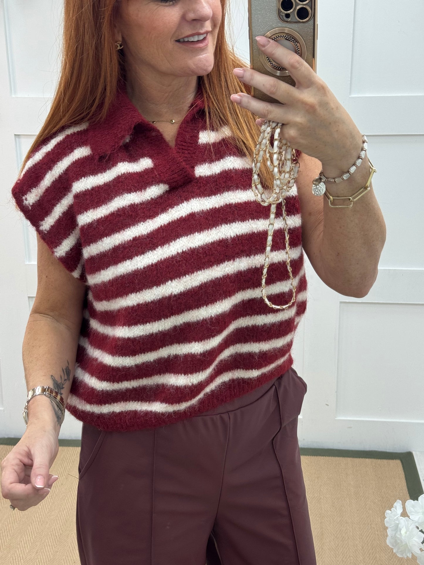 Talisa: Burgundy & cream stripe sleeveless top. One size 12-18
