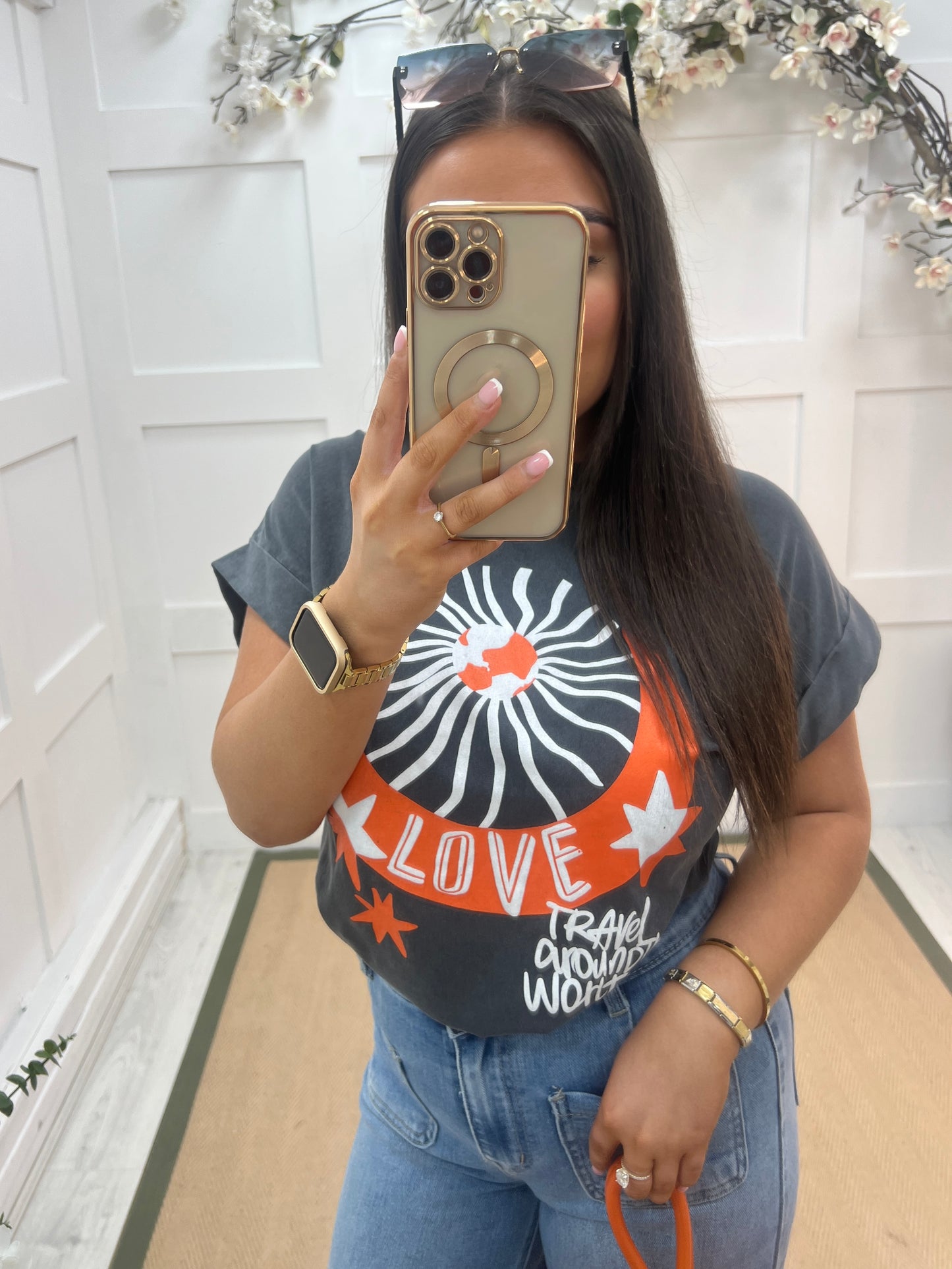 Gracie: Grey & orange moon T shirt. One size: 10-14