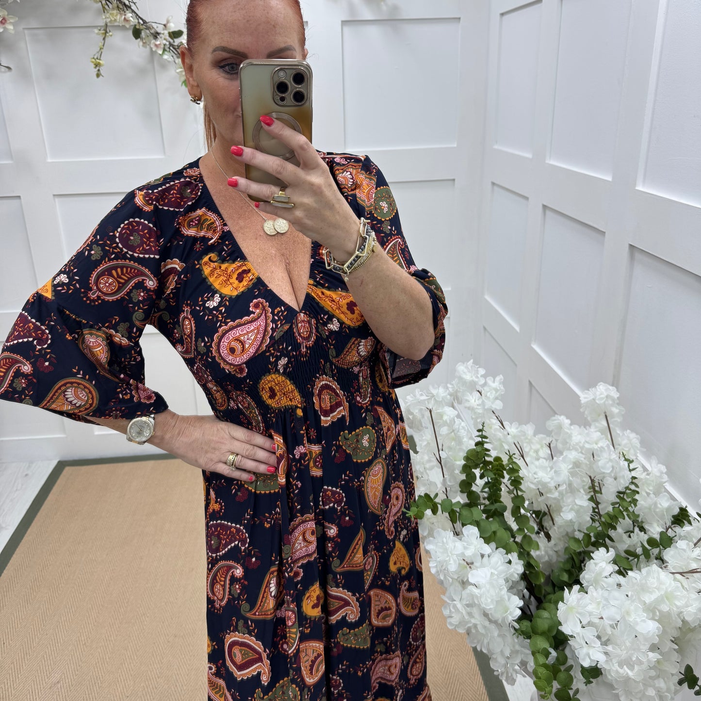 Katia: Navy & orange paisley maxi dress. 3 sizes
