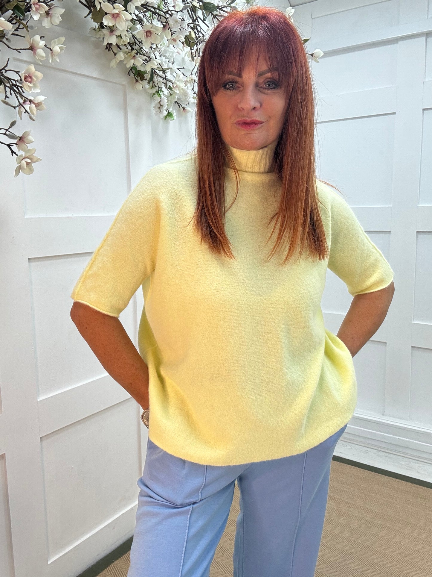 Goldie: Lemon short sleeve knitted top. One size: 10-16