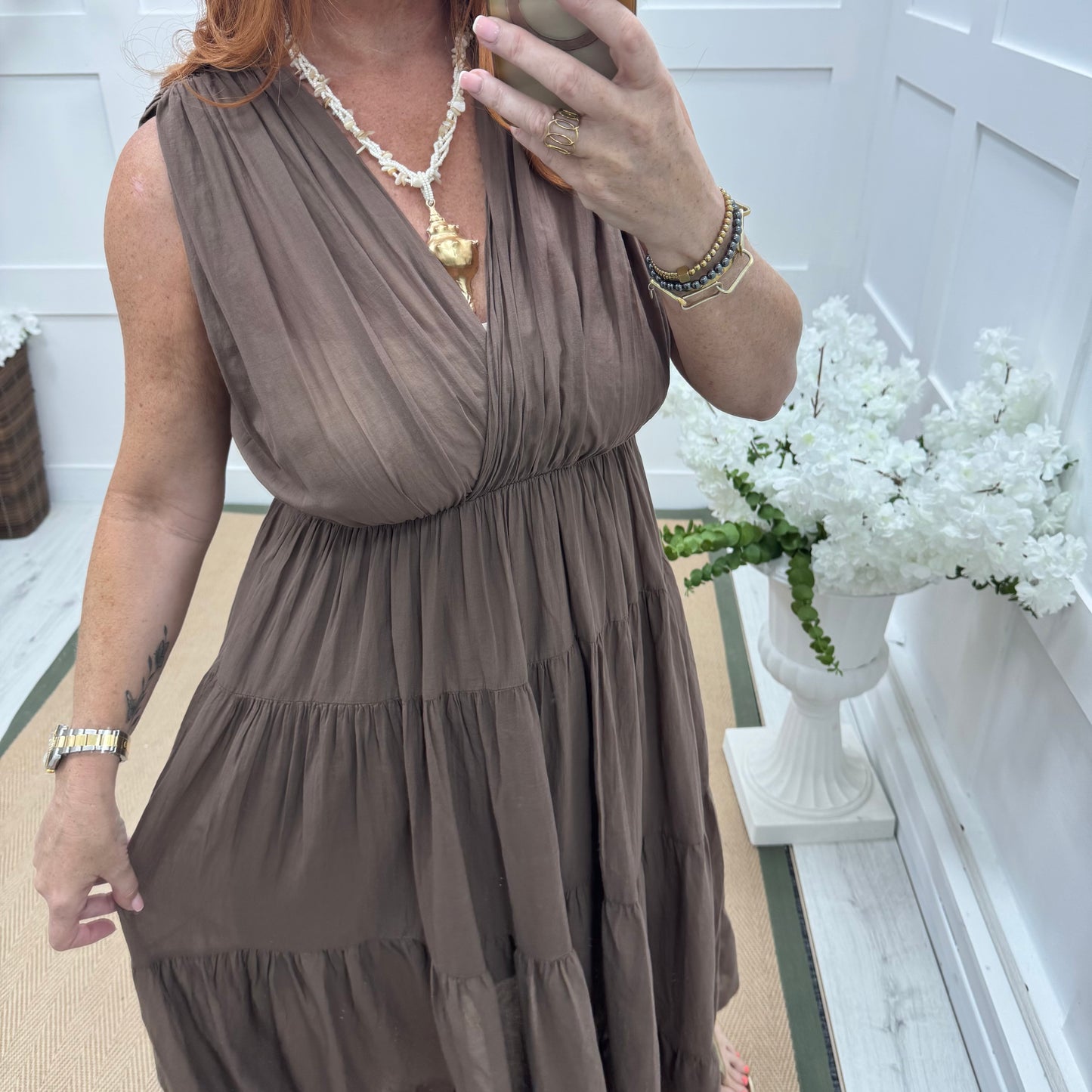 Gaynor: Brown Grecian tiered maxi dress. One size 12-20