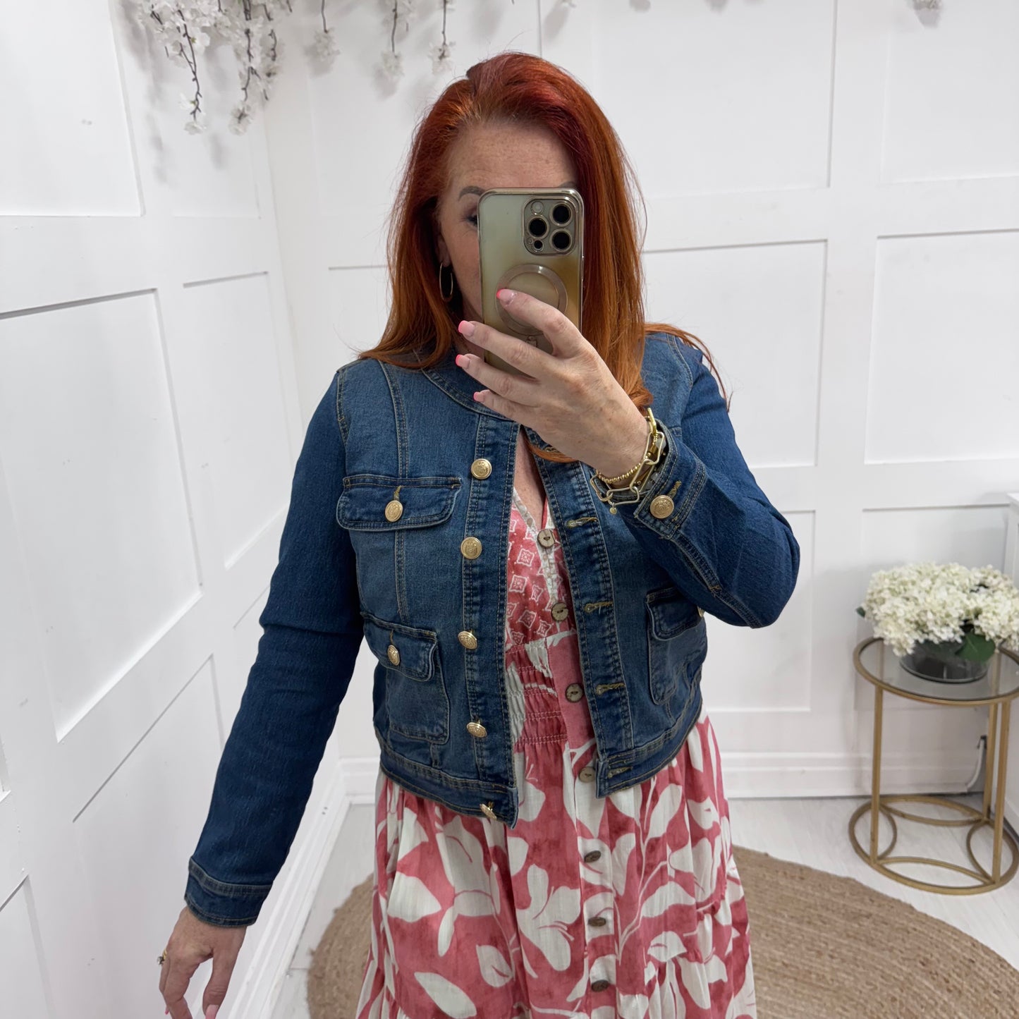 Margot: Blue military button denim jacket. Sizes: 10-20