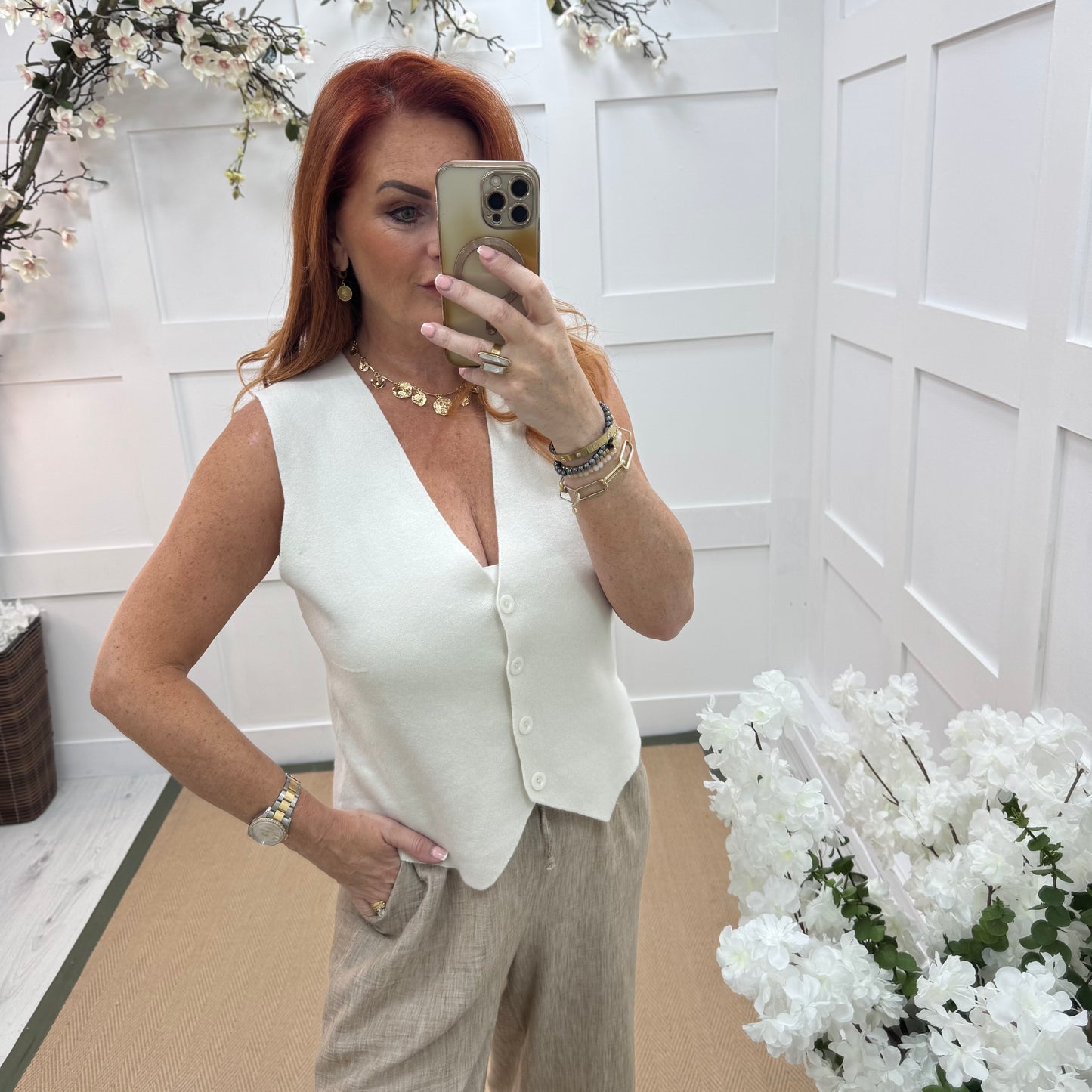 Saffron: Cream fine knit button waistcoat. One size: 10-16