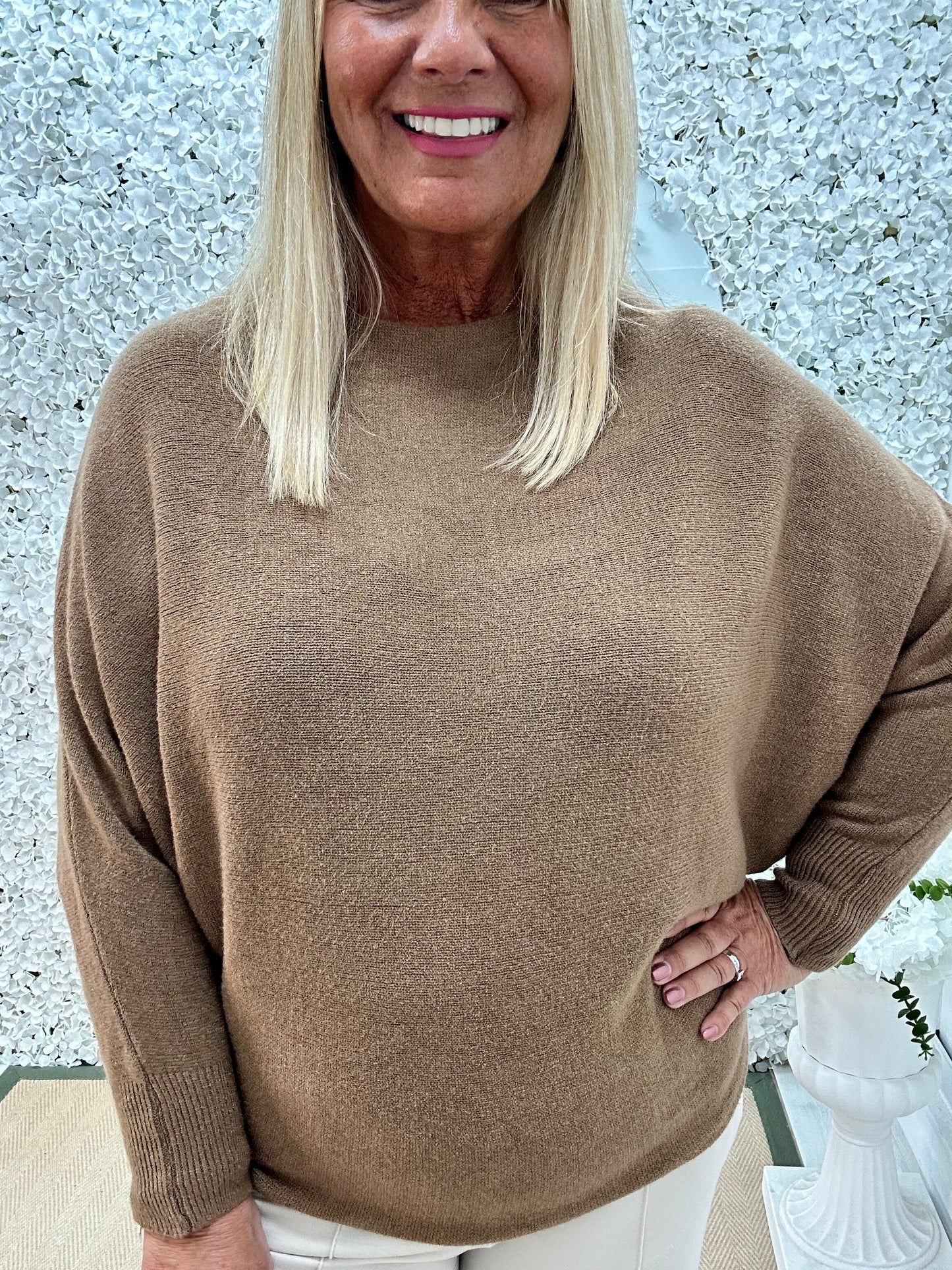 Sammi: Caramel batwing knitted top. One size: 12-18/20