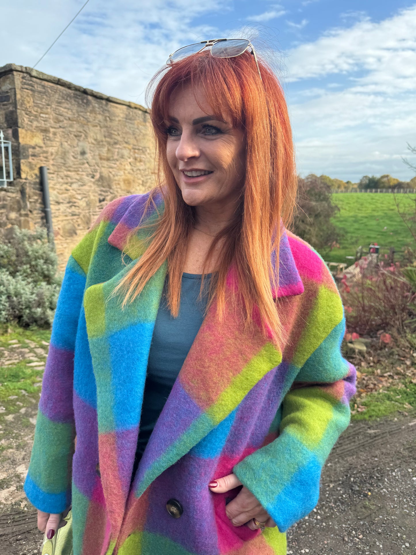 Loxley: Blue & purple check wool coat. One size 12-20