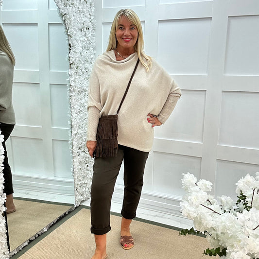 Erica: Stone asymmetrical slouch soft knit top. One size 10-18