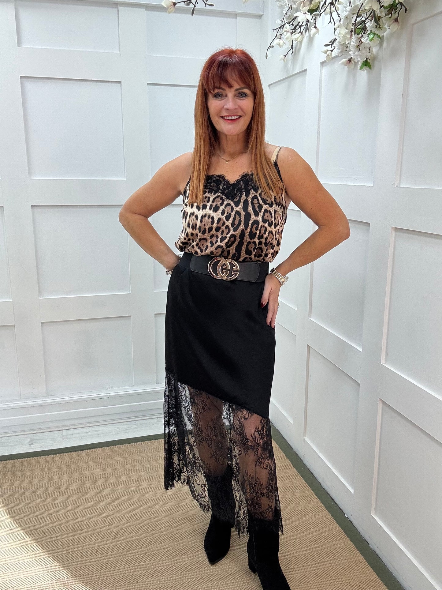 Sylphie: Black Silk Skirt with Sheer Lace Bottom. One size: 10-16