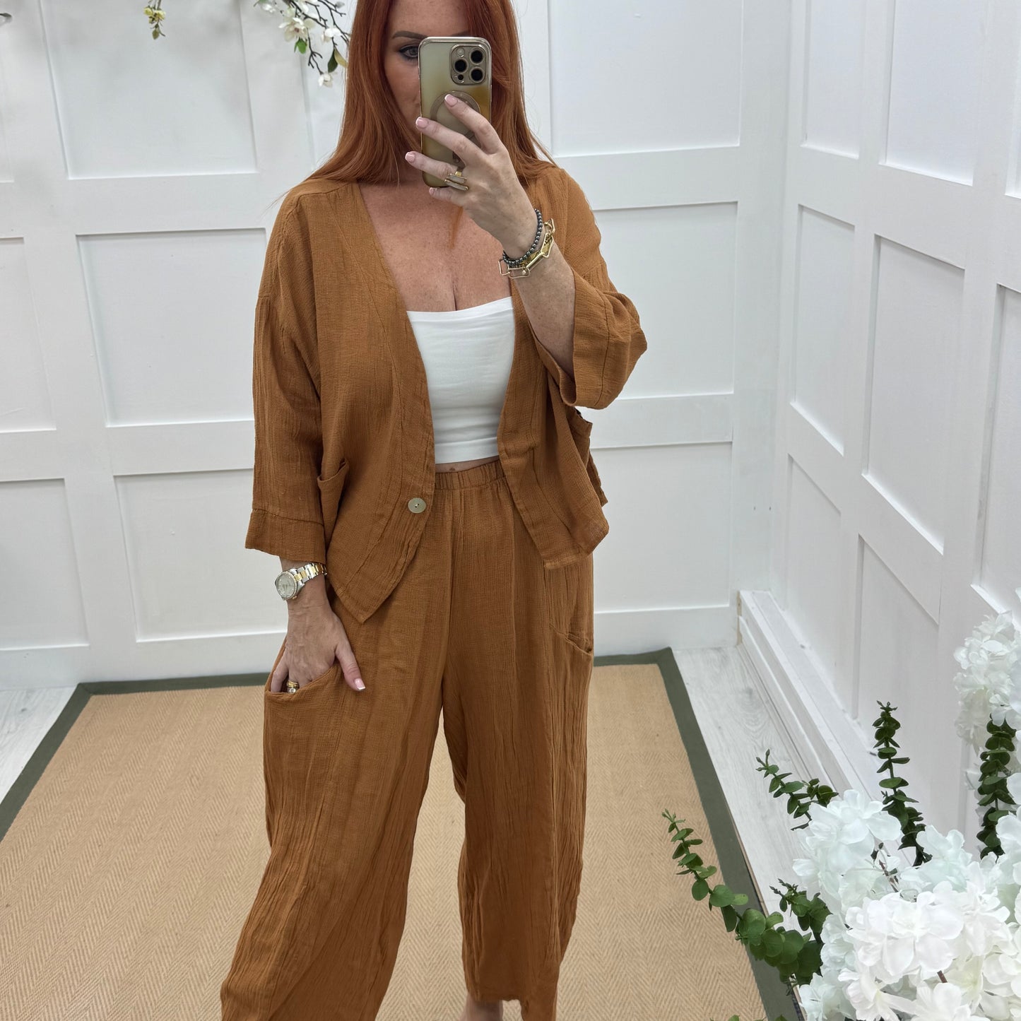 Kelsey: Paprika jacket & trouser co-ord set. One size: 14-20/22