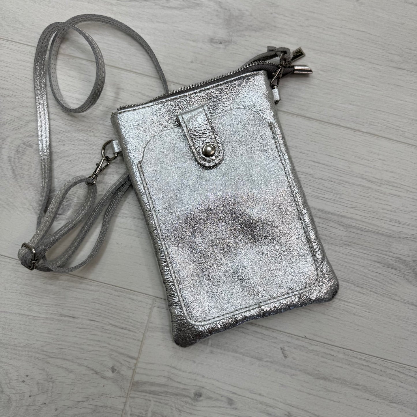 Petra: Silver Italian leather phone cross body bag