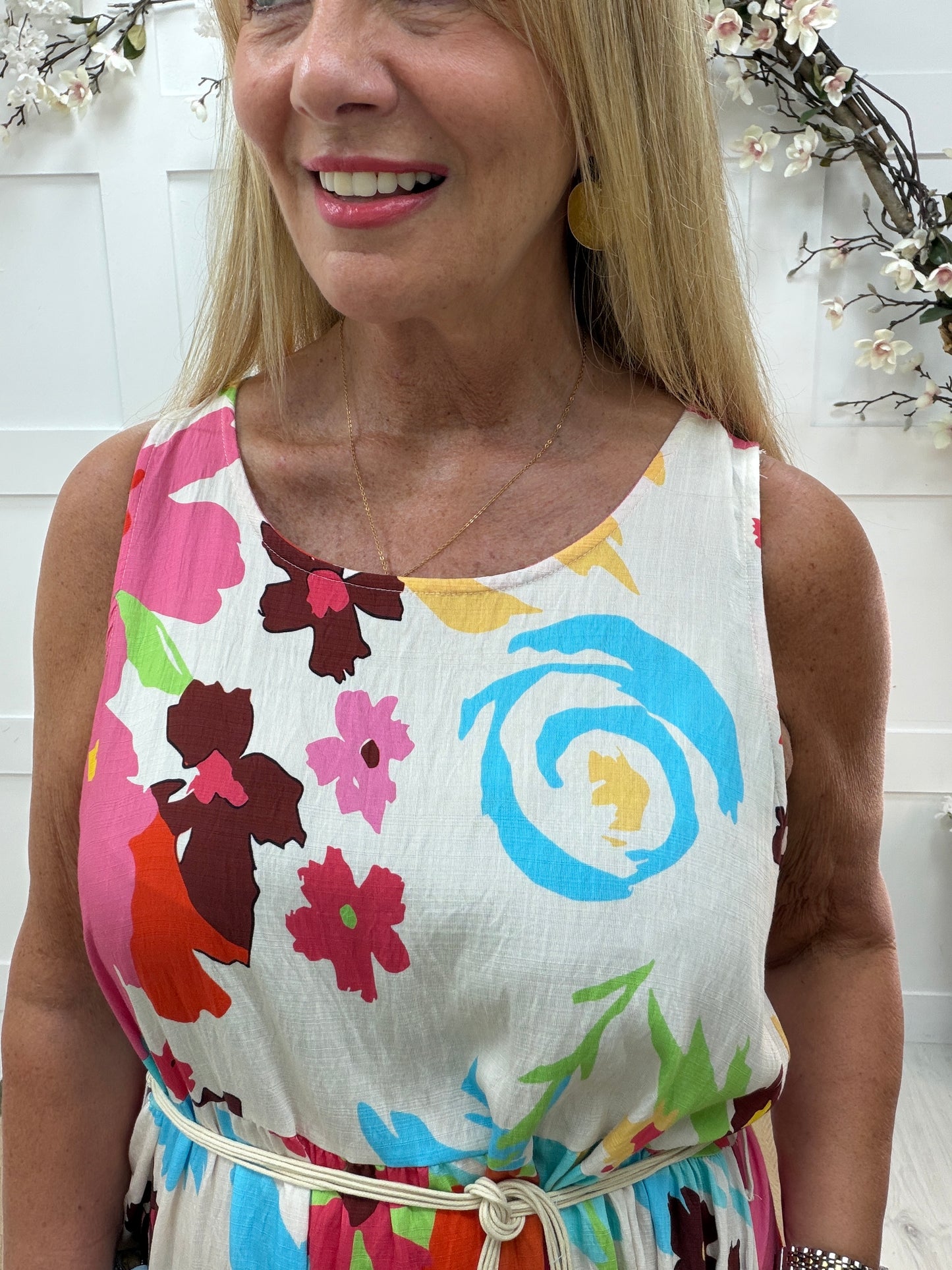 Cindy: Floral printed maxi dress with beaded belt. One size 16-20. 2 colours
