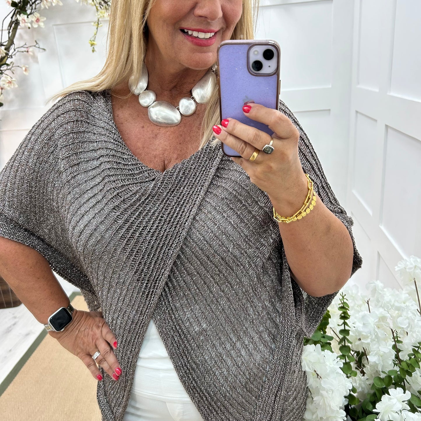 Harriet: Pewter lurex cross over top. One size: 16-24