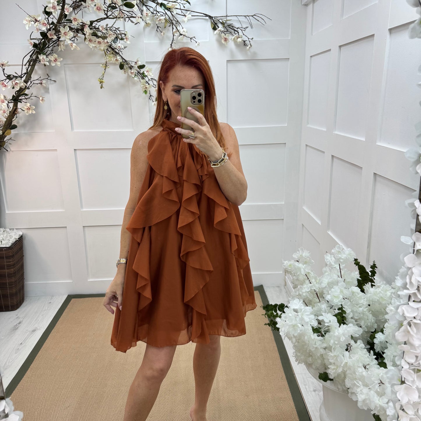 Kiki: Orange ruffle knee length dress. One size 10-16