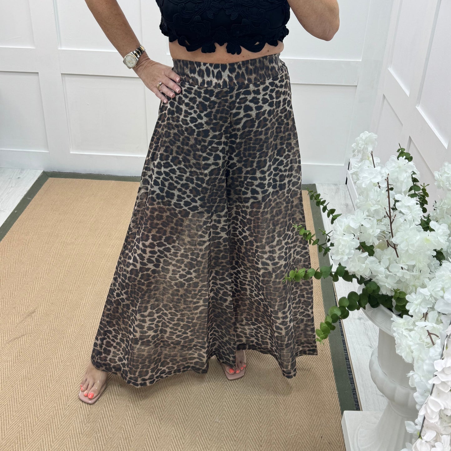 Erin: Leopard print wide leg silky trousers. One size: 8-14
