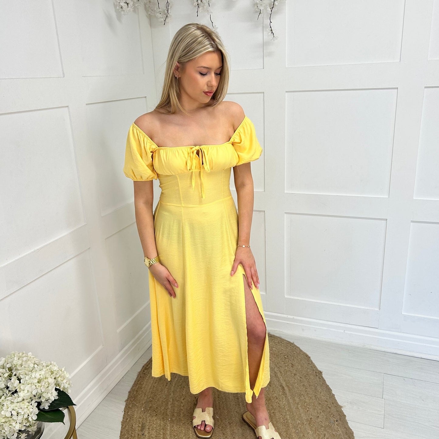 Jude: Lemon short sleeve midi dress. One size 8-12