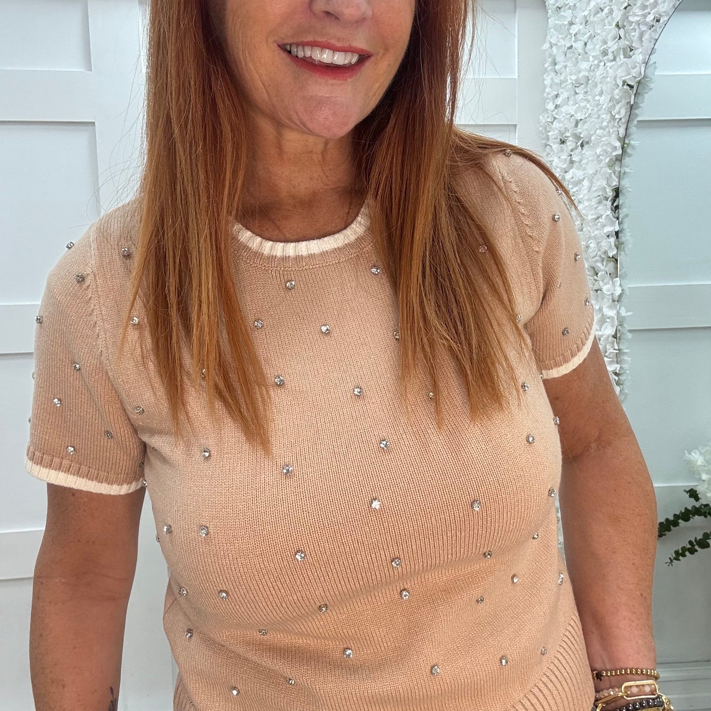 Noelle: Sand stretchy knit rhinestone top. 2 sizes