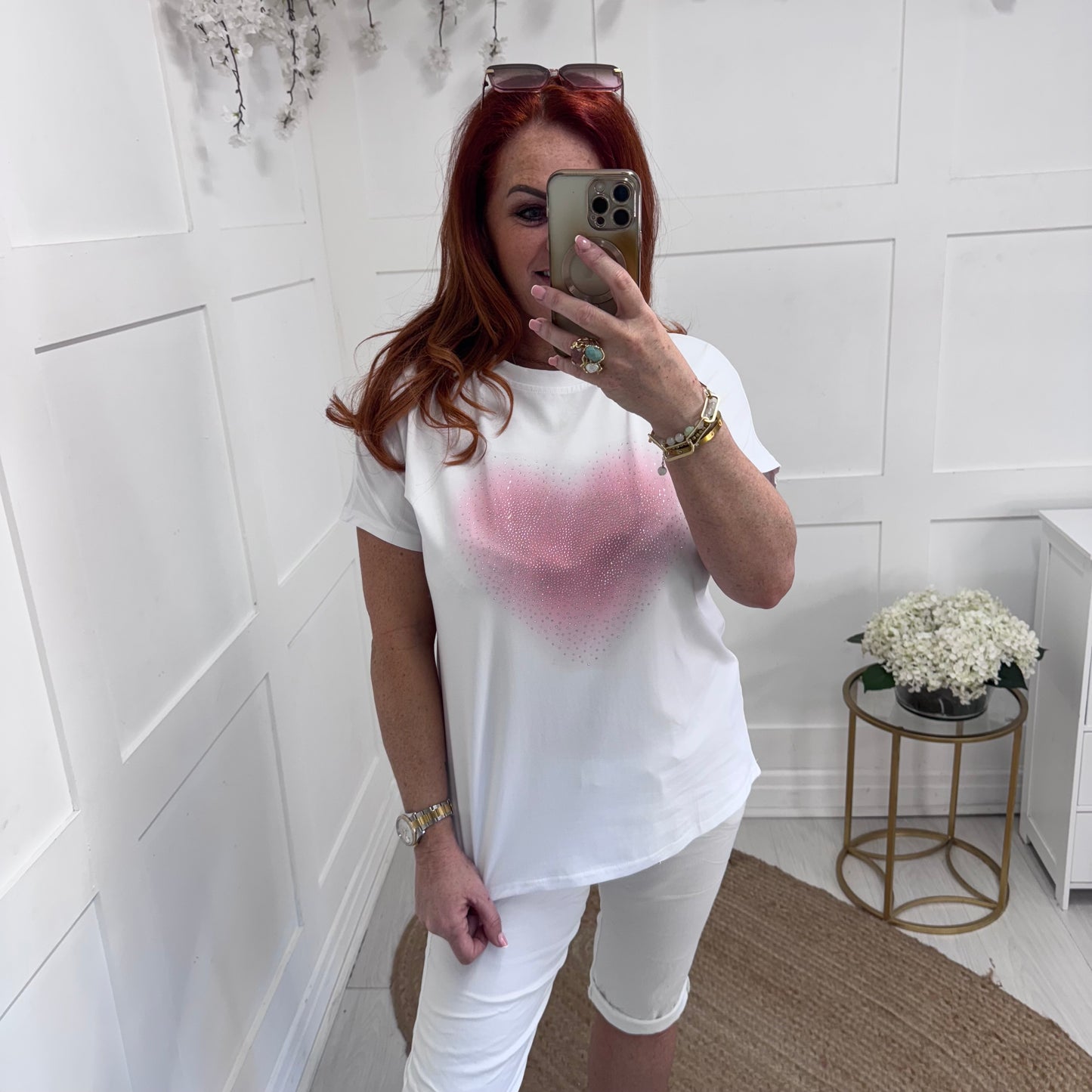 Katie: White & pink diamanté’ heart T shirt. One size: 14-18