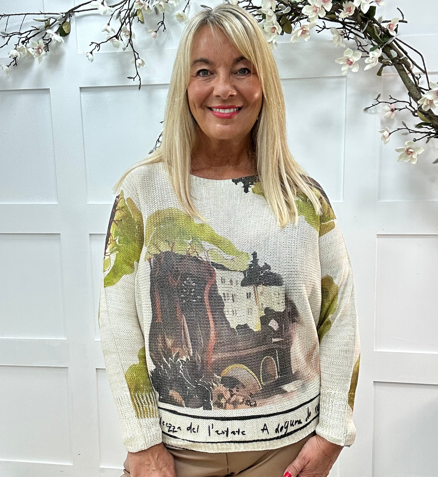 Billie: Khaki Italian print stretchy top. One size: 12-18