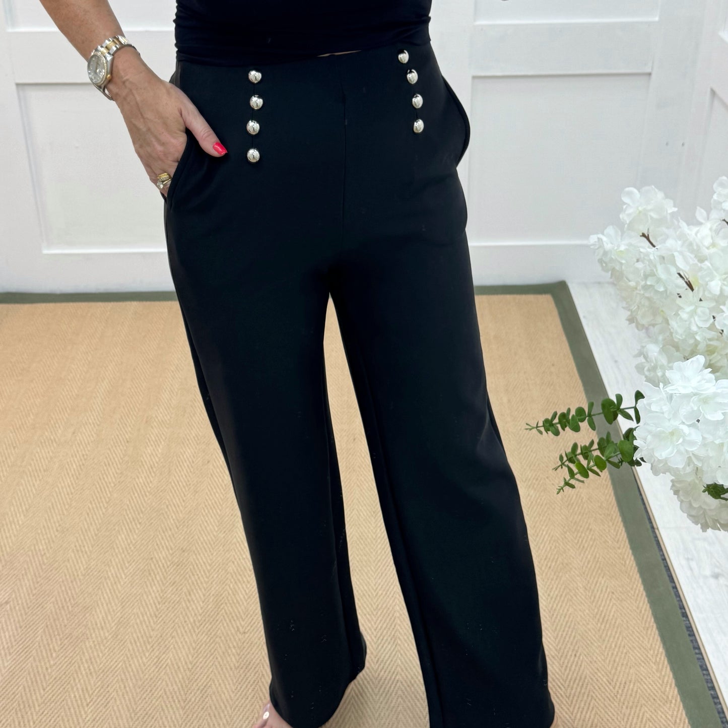 Paris: Black stretchy silver button trousers. 4 sizes