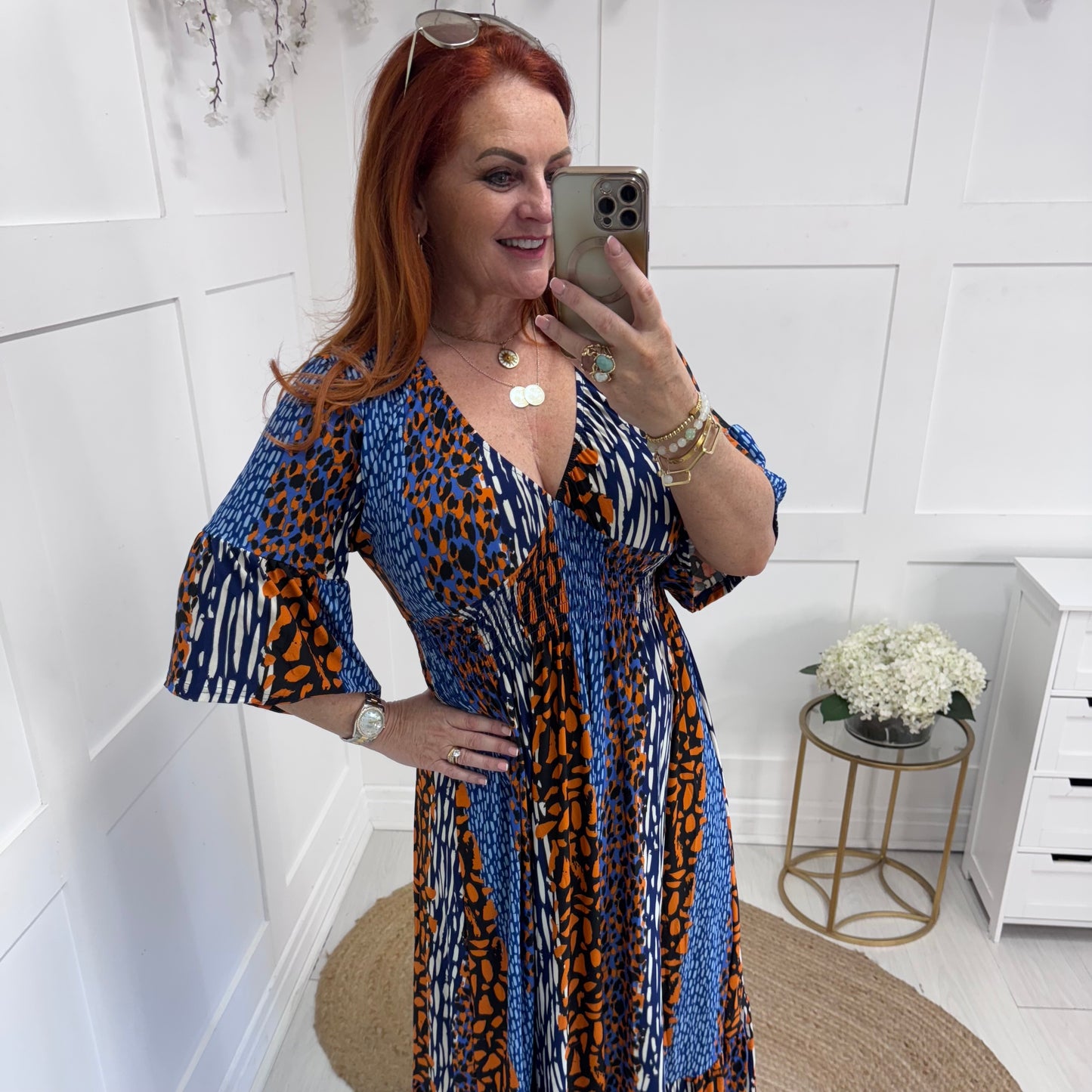 Mirrie: Blue & orange print maxi dress. 3 sizes