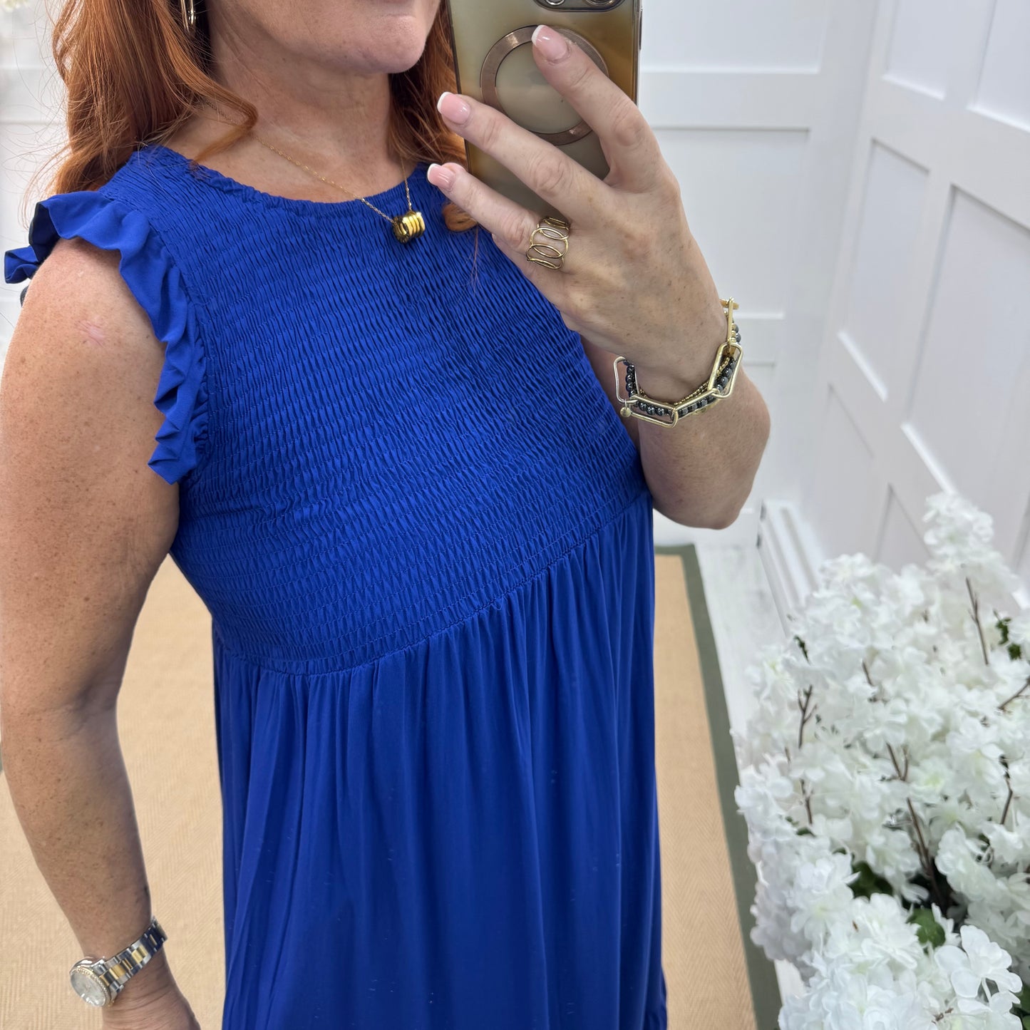 Jazz: Blue shirred maxi dress. One size 10-18