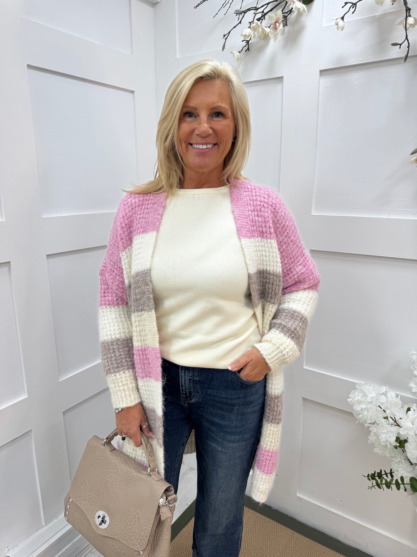 Marta: Pink, mocha and cream stripe soft knit cardigan. One size 10-18