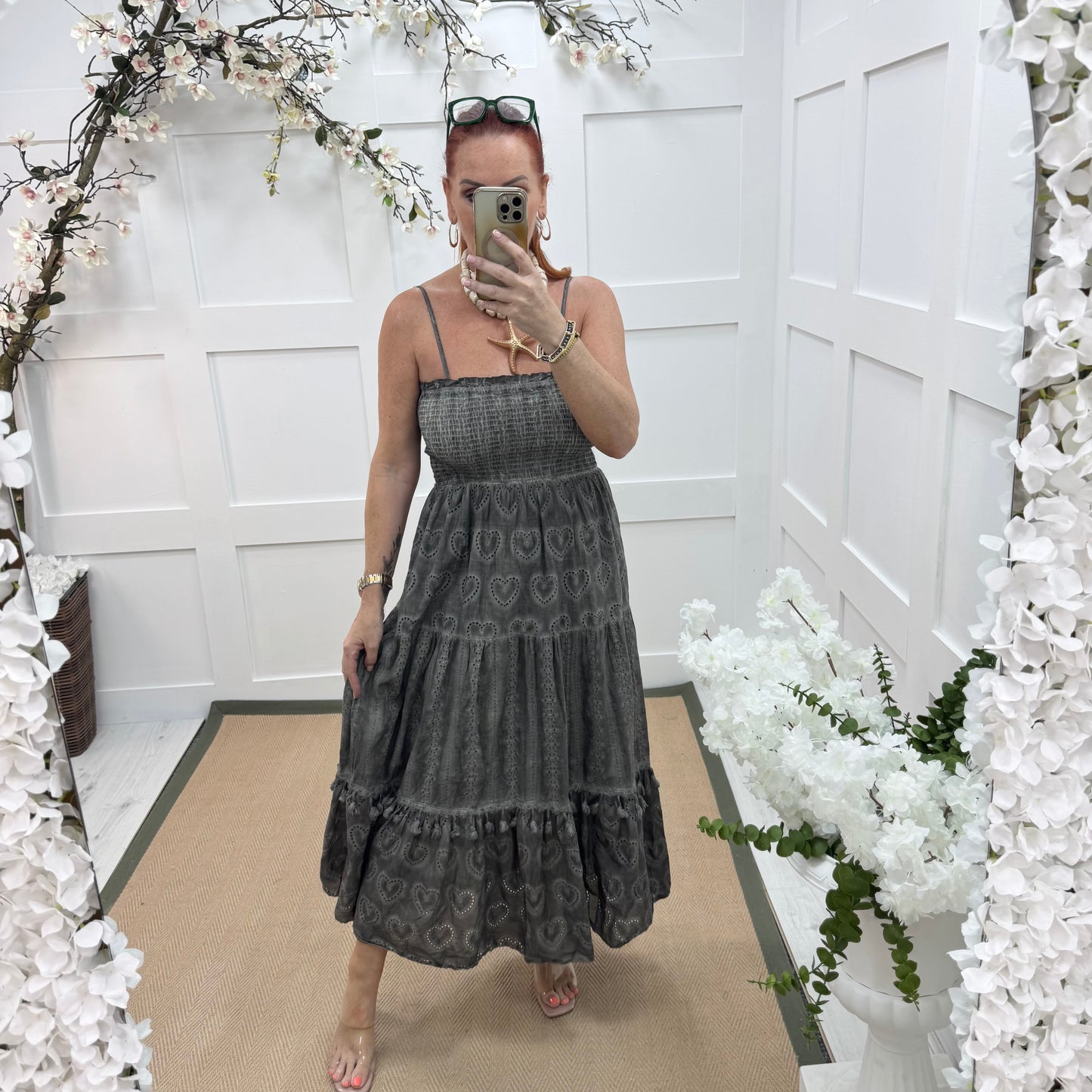 Perrie: Grey broderie Anglaise strappy midi dress. One size: 10-18