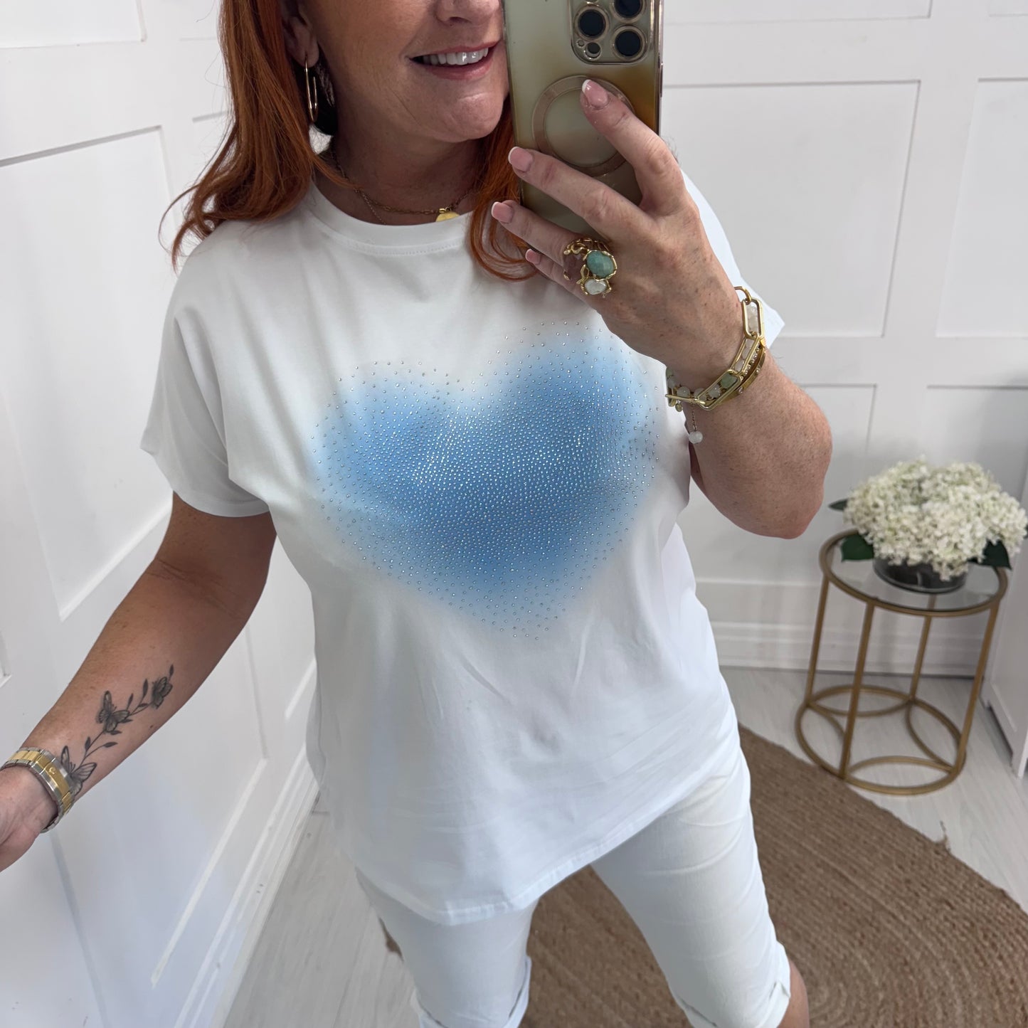 Katie: White & blue diamanté’ heart T shirt. One size: 14-18