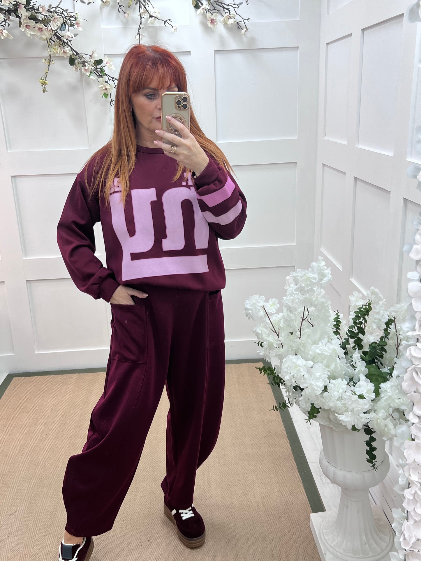 River: Burgundy cocoon harem trousers. One Sz: 14-20